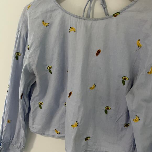 Zara Fruit Embroidered Cutout Back Long Sleeve Top Size Medium - Picture 2 of 7